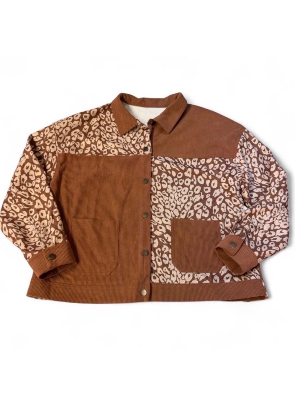 Leopard Print Colorblock Ribbed Shacket Women’s Large Jacket Boho Western Spring